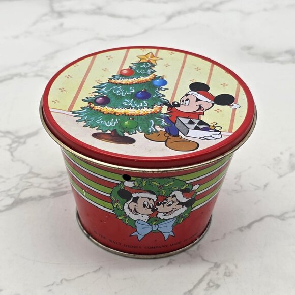 Vintage Disney Mickey Minnie Christmas Tree Round Tin Box Container Hong Kong - Picture 1 of 8